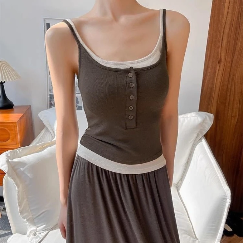 Spicy Girl Fake Two-piece Color Blocking Tank Top with Chest Pad Summer Spaghetti Strap Square Neck Button Casual Slim Fit Camis