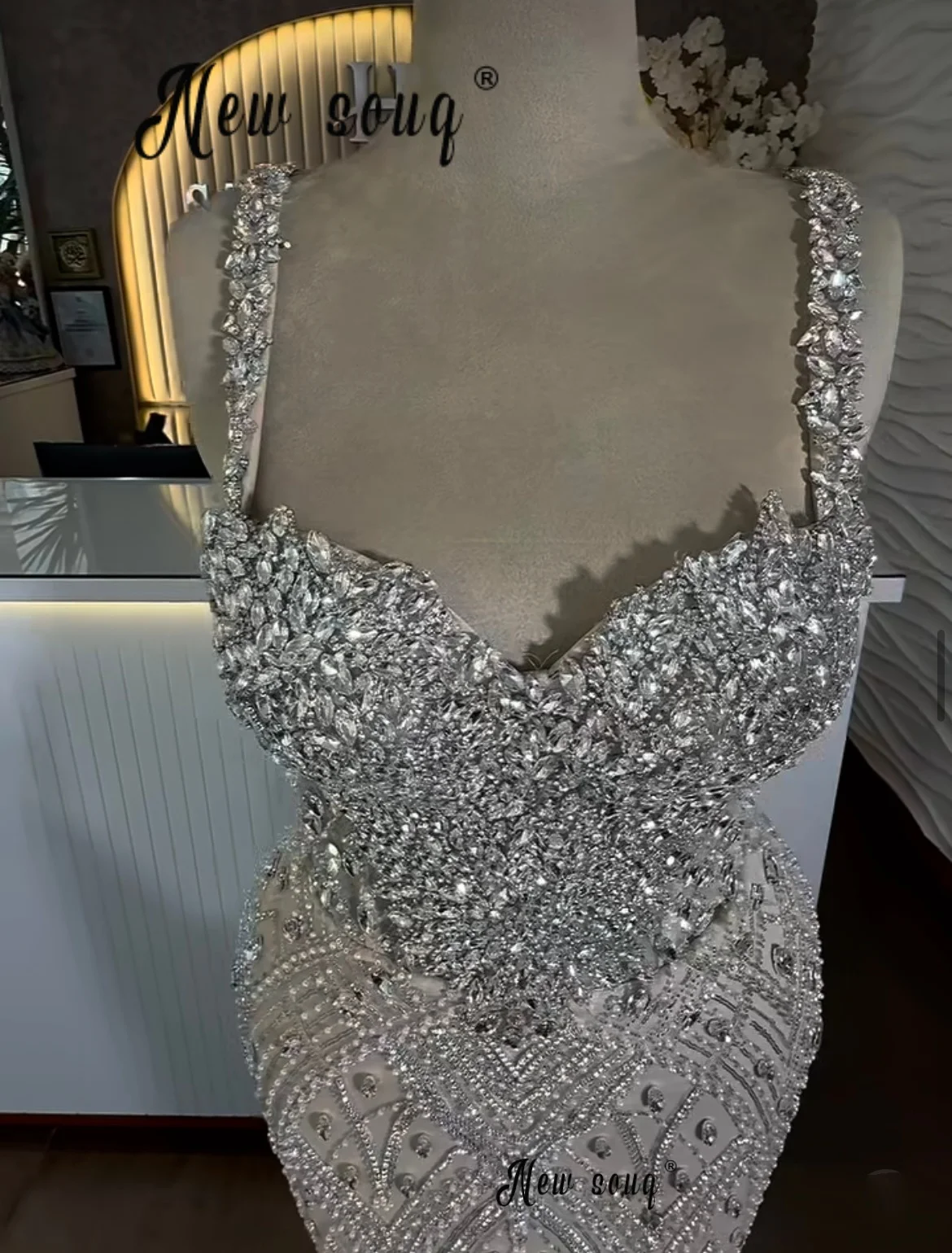 Silver Nude Champagne Prom Dresses Straps Mermaid Floor Length Wedding Party Gowns Arabic Customized Pageant Night Evening Dress