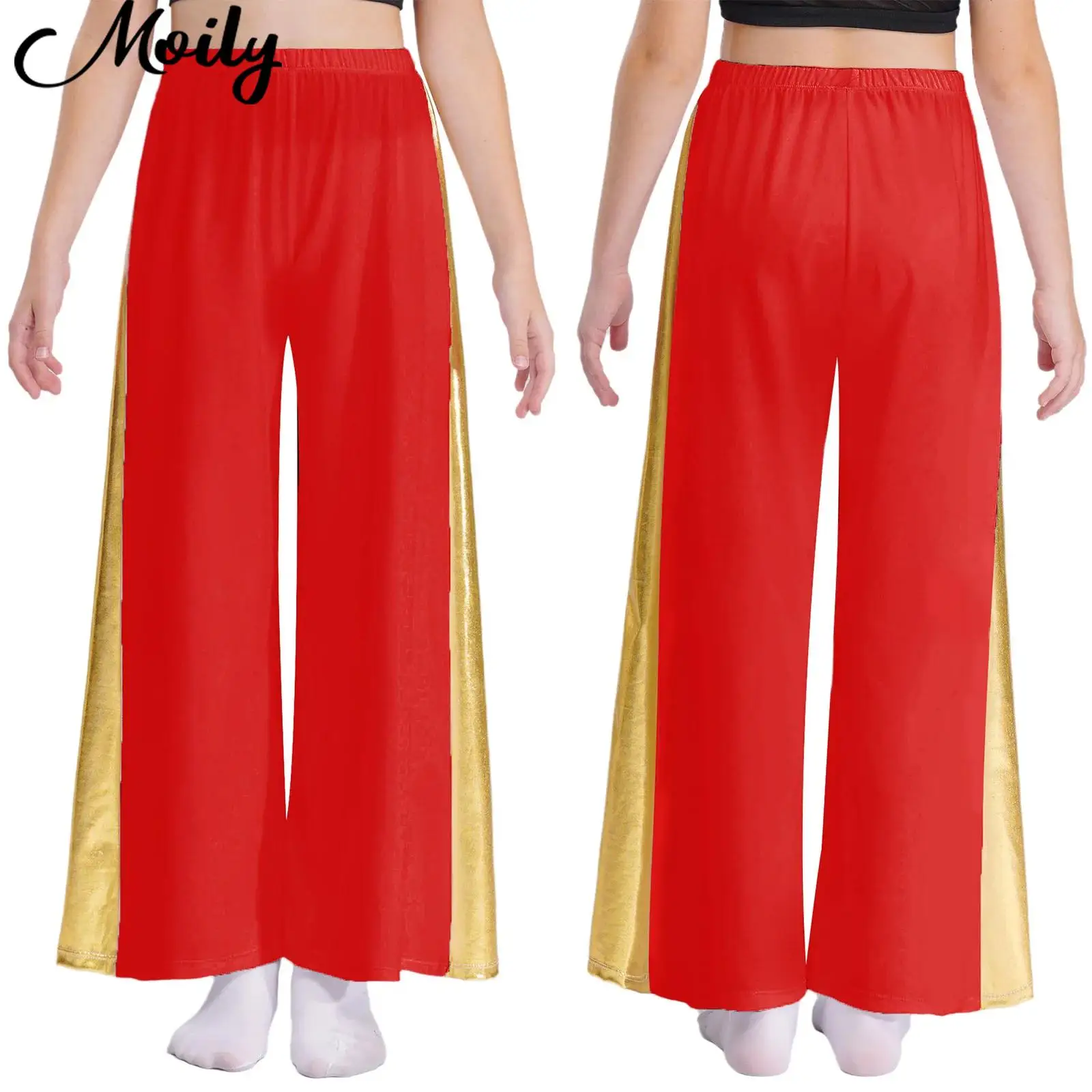 

Kids Praise Lyrical Dance Costume Girls Metallic Wide Pants High Waist Loose Trousers for Liturgical Dance Ceremony Performance