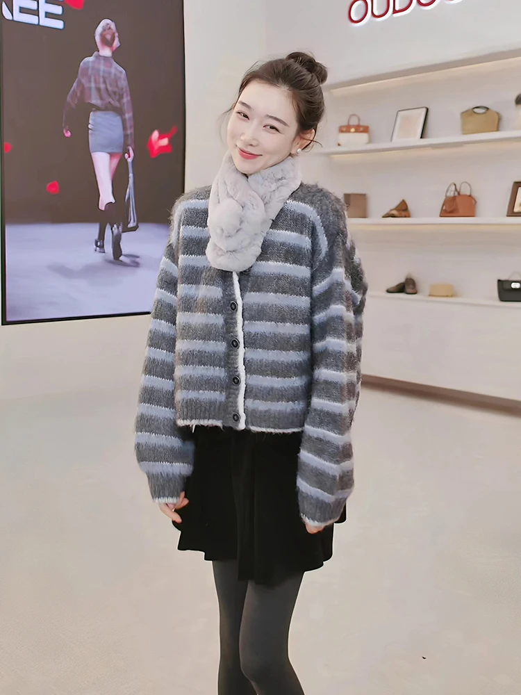 

OUDOEE Women's Knitted Open Cardigan Outerwear Striped Sweater Spring 2026 New Sle High Sensation Innerwear Outerwear