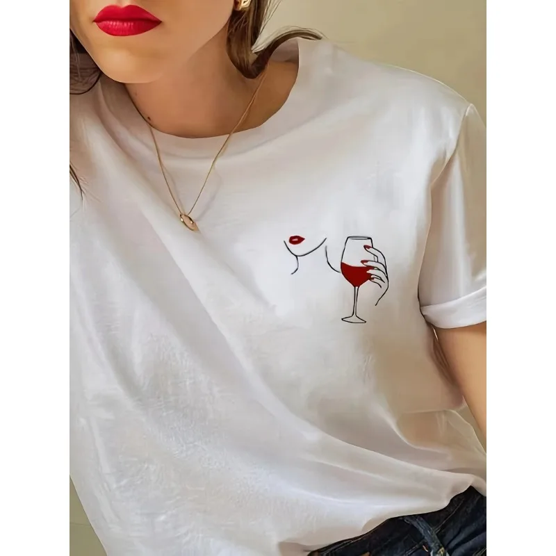 

Round-Neck T-Shirt with Wine Glass Print Short-Sleeve Spring/Summer Cotton Top Fashionable Heart-Print All-Season Women T-Shirt
