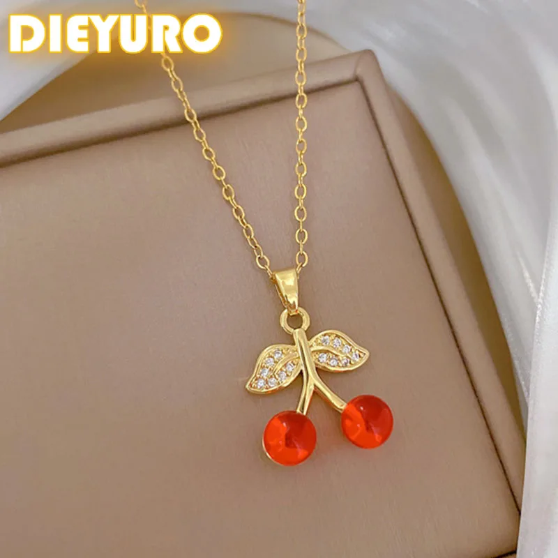 DIEYURO 316L Stainless Steel Red Cherry Zircon Pendant Necklace For Women New Fashion Clavicle Chain Party Jewelry Jewelry Gifts