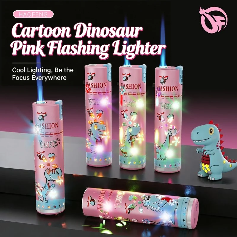 

Trendy Pink Cartoon Dinosaur Lighter with Flashing LED Light, Cool Blue Flame Windproof Refillable Jet Lighter Creative Gift