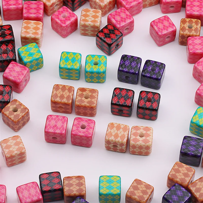Wholesale 50pcs/lot 15mm color pattern geometry square shape resin straight hole bads diy jewelry accessory
