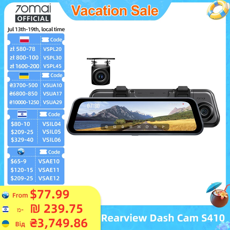 70mai Dash Cam S410 Touchscreen Vollansicht 1944P Externes GPS 24H Parkmonitor Vorder- und Hintergrundbeleuchtung Auto-DVR-Spiegel 70mai S410