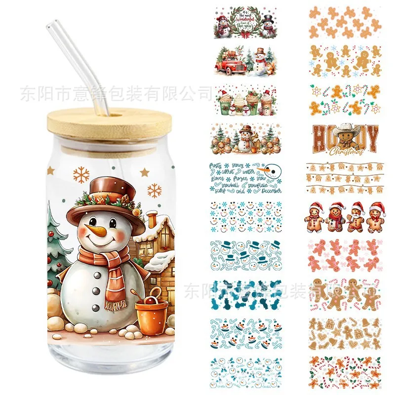 

Christmas gingerbread man snowman UV DTF crystal transparent sticker Mason Cup decoration scratch-resistant.