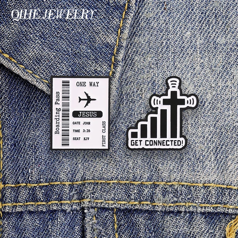 Get Connected Christian Signal Cross Badge Enamel Pin Jesus Boarding Pass Biblical Faith Inspired Brooches Clothes Badge Jewelry
