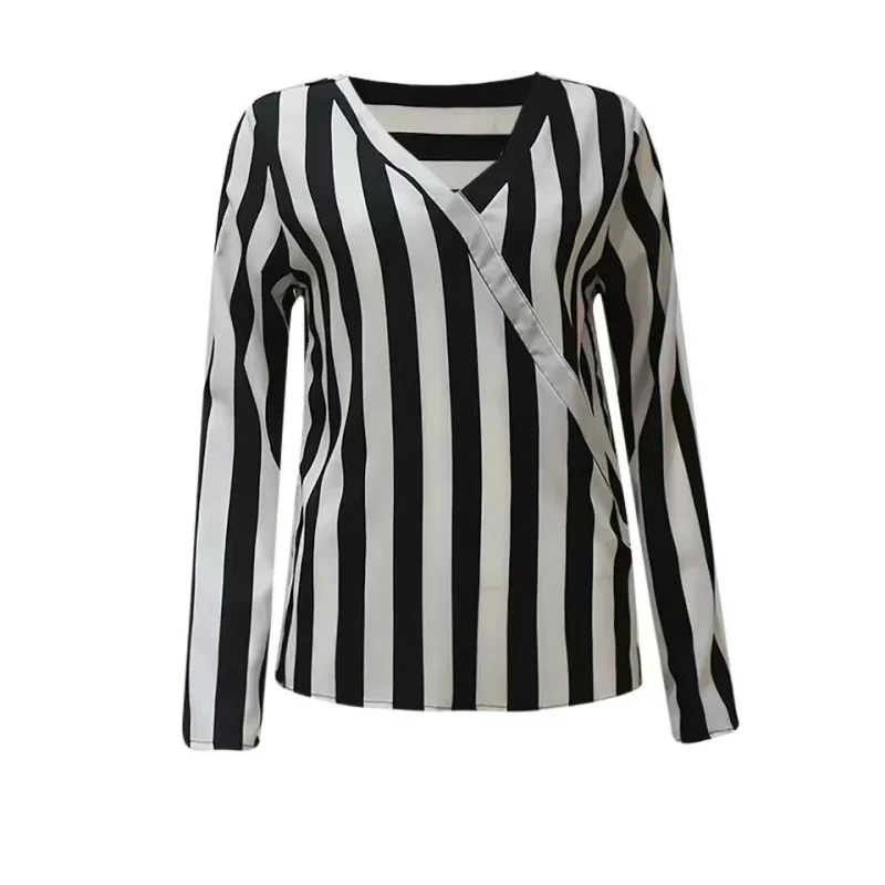 Women Spring Summer Style Blouses Shirts Lady Casual Long Sleeve V-Neck Striped Printed Blusas Tops DF4997