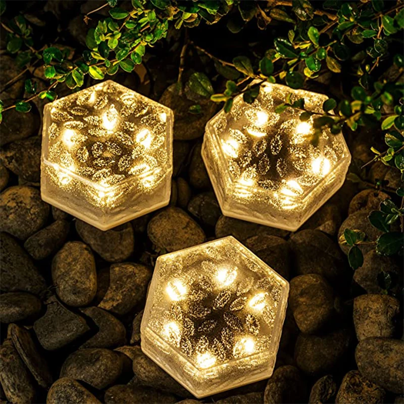 Solar LED Light Outdoor Waterproof Hexagon Solar Power Garden Light Ice Brick Lamp Stair Step Sunlight for Patio Fence Garden