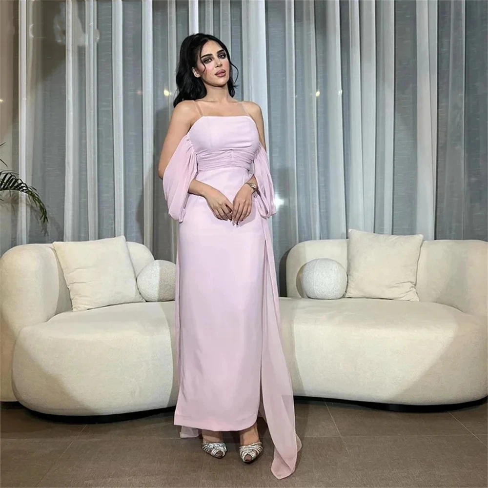 

Romantic Pink Chiffon Mermaid 2024 Off The Shoulder Strapless Pleat Ankle-Length Elegant Evening Gown For Women فساتين الس