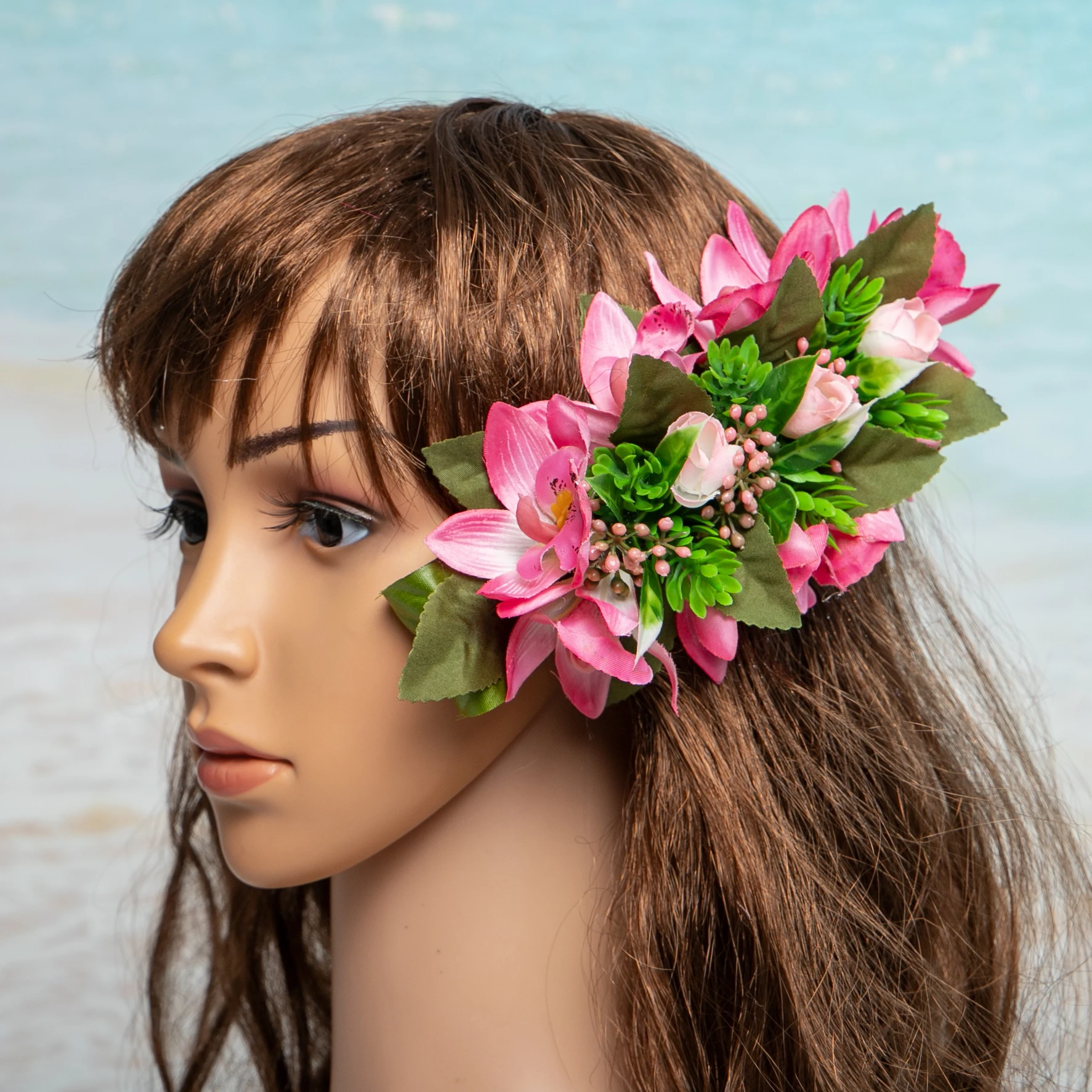 人工シルクローズと蘭のヘアクリップ、フェスティバル装飾ヘアピン、女性用ハワイフラワーヘアクリップ、フラダンスガールパーティー用
