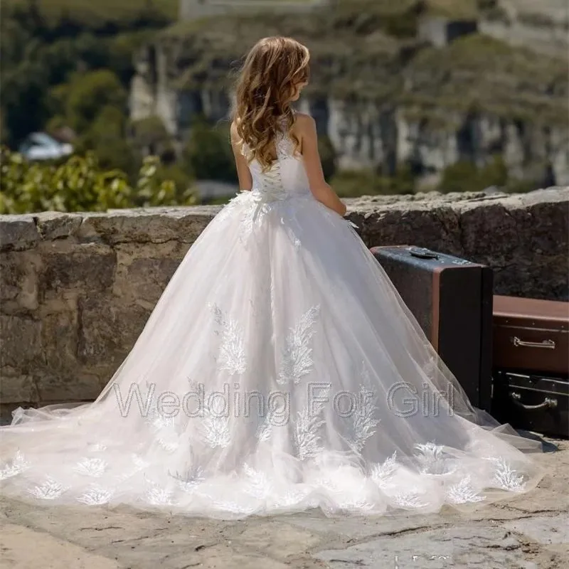 Vestidos de princesa de encaje blanco para niña, vestidos transparentes para primera comunión, fiesta de cumpleaños, vestido de desfile para niñas, bodas, nuevo