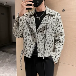 High-End Short Style Men Lapel Jackets 2024 Autumn New Embroidered Jacquard Zipper Coat Fashion Nightclub Club Men Social Jacket