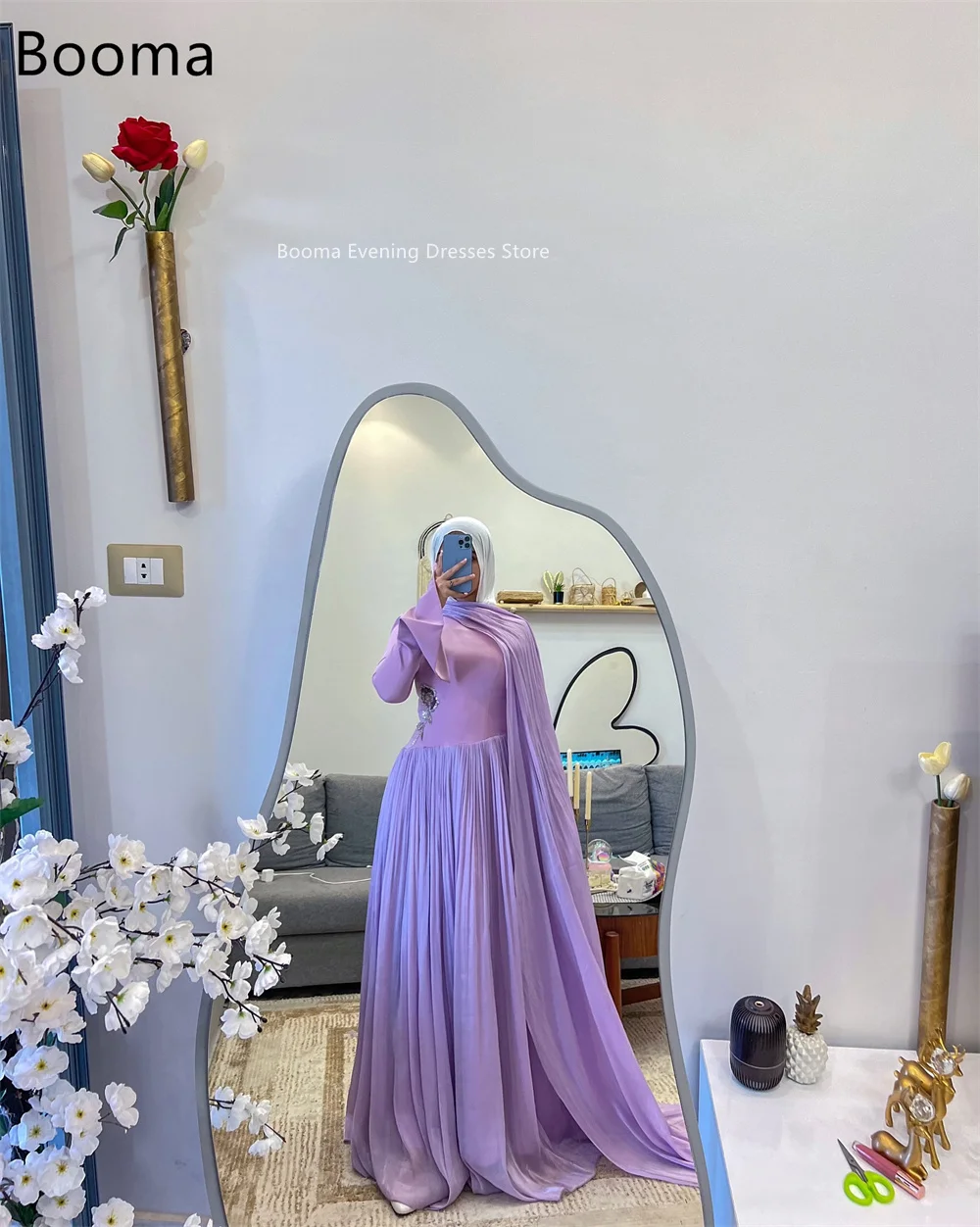 Booma فساتين أنيقة على شكل حرف a مطوي كم طويل رداء حفلات رسمي للنساء فستان حفلات بسيط في المملكة العربية السعودية تخصيص 2025