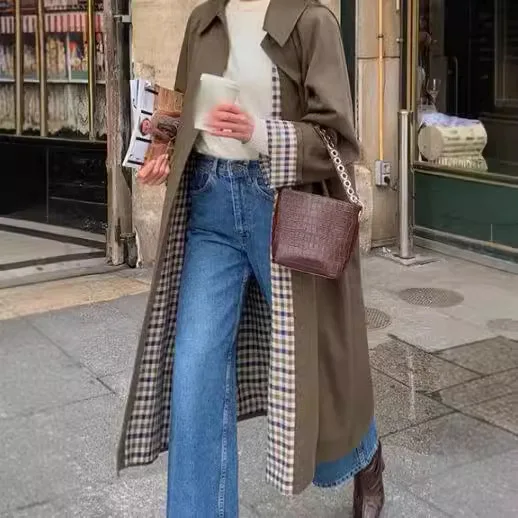 Cross-Border European American British-Style Retro Lapel Plaid Lined Loose Long Trench Coat For Women, Spring And Autumn Thin