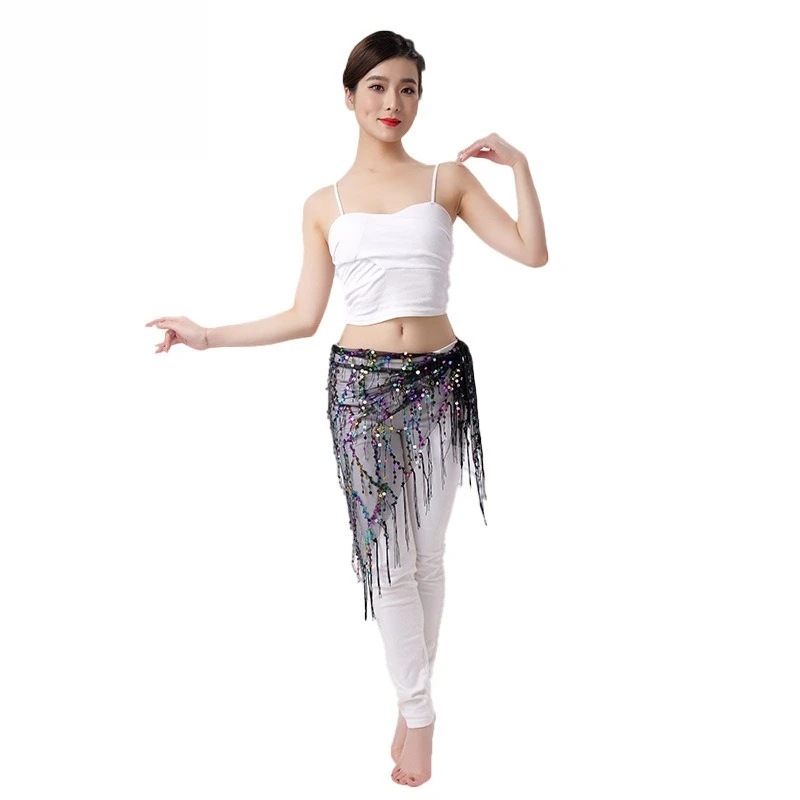 Sciarpa triangolare con nappe e paillettes di danza del ventre, pratica sciarpa in vita con catena in vita, costume da spettacolo di danza indiana