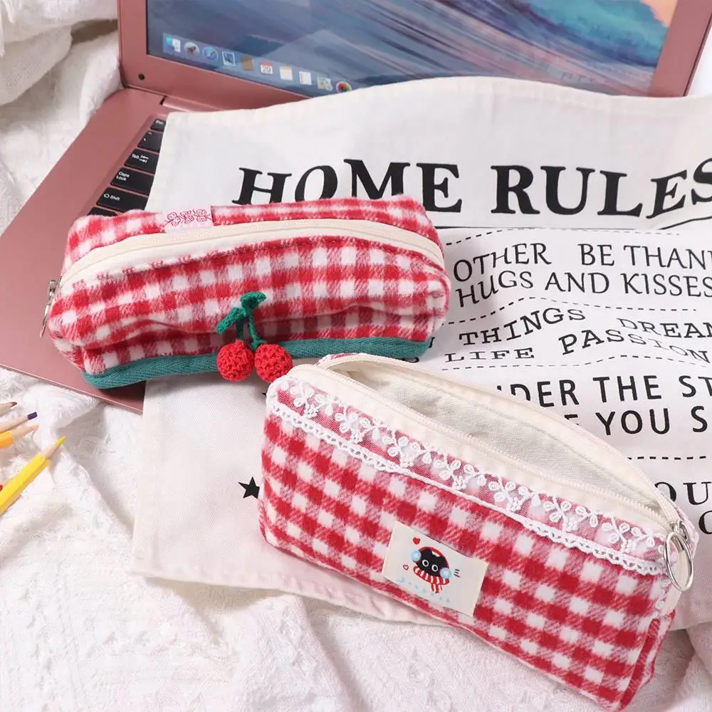 かわいいぬいぐるみチェック柄鉛筆ケースかわいい甘い化粧品ジッパーバッグシンプルなソフトチェック柄収納袋オフィス/学用品