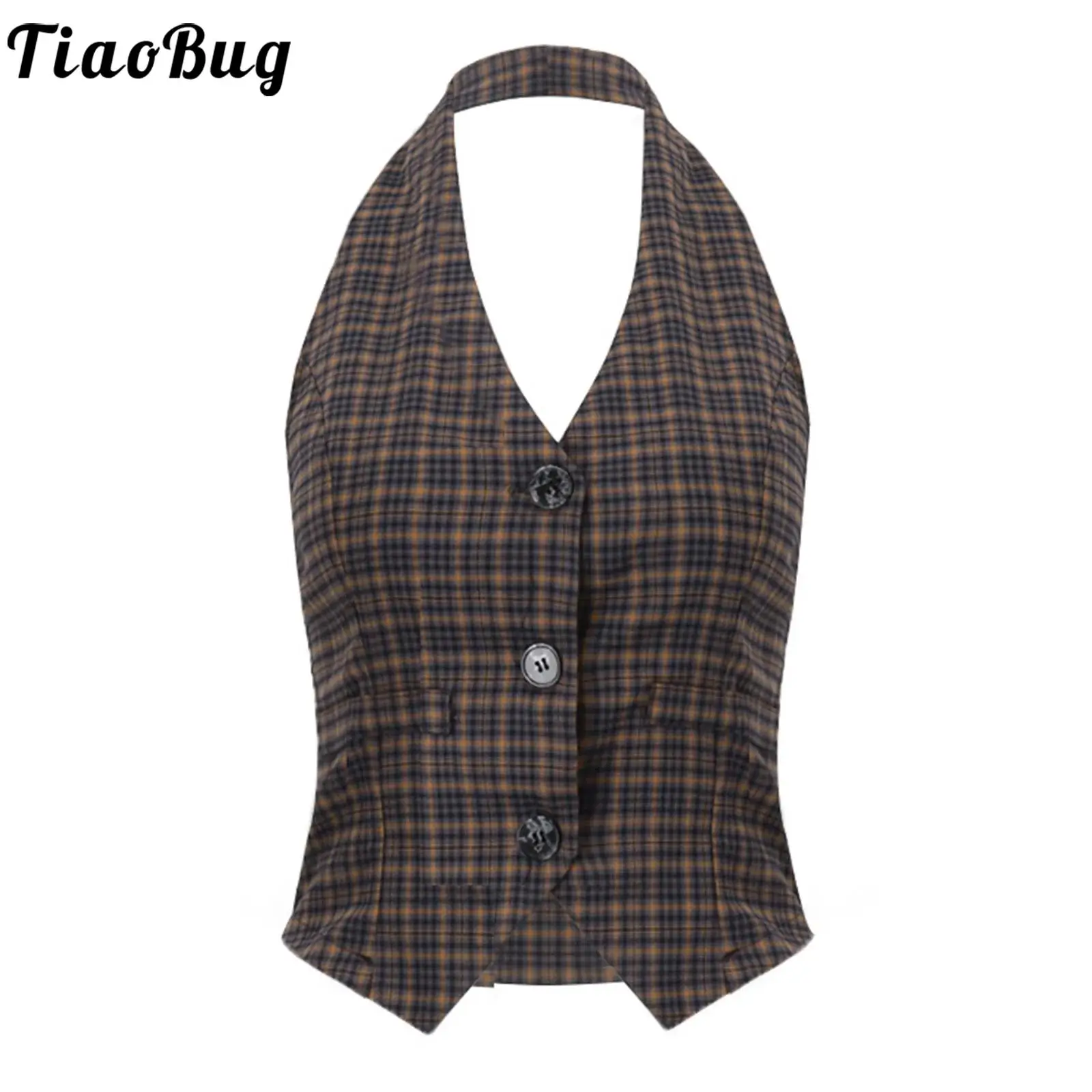 Women Vintage Plaid Waistcoat Halter Vest Front Button-down Backless Slim Vest Tank Top for Vintage Cocktails Daily Casual Vests