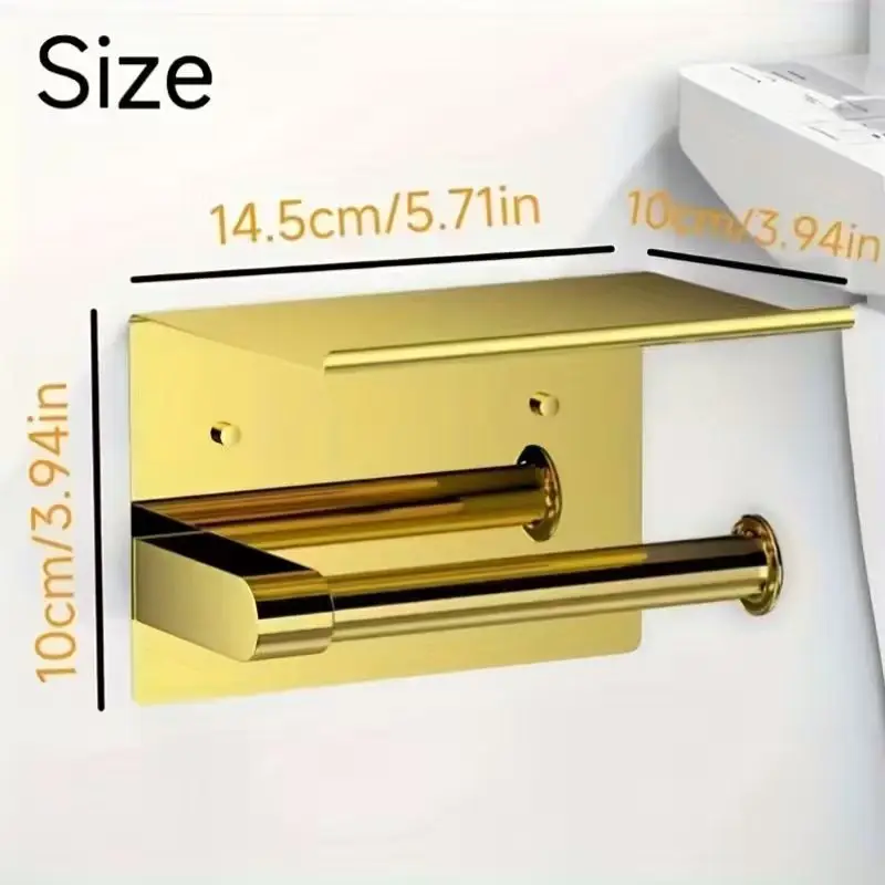 Luxurious Golden Toilet Paper Holder with Phone Shelf - 304 Stainless Steel, Polished Self-Adhesive Wall Mount, No-Drill Install view 3