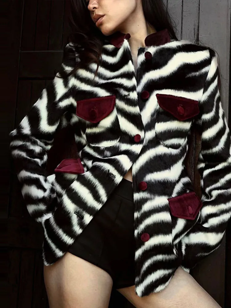 Zebra Print Faux Fur Shoulder Pad Long Sleeve Single Breasted Fitted Jacket Women 2026 Autumn New Chic Coat