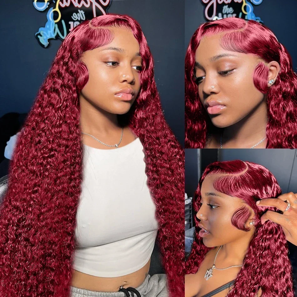 Renda transparan HD ketebalan 200 13x4 13x6 Wig rambut manusia Frontal penuh 99j Burgundy prepked berwarna gelombang dalam