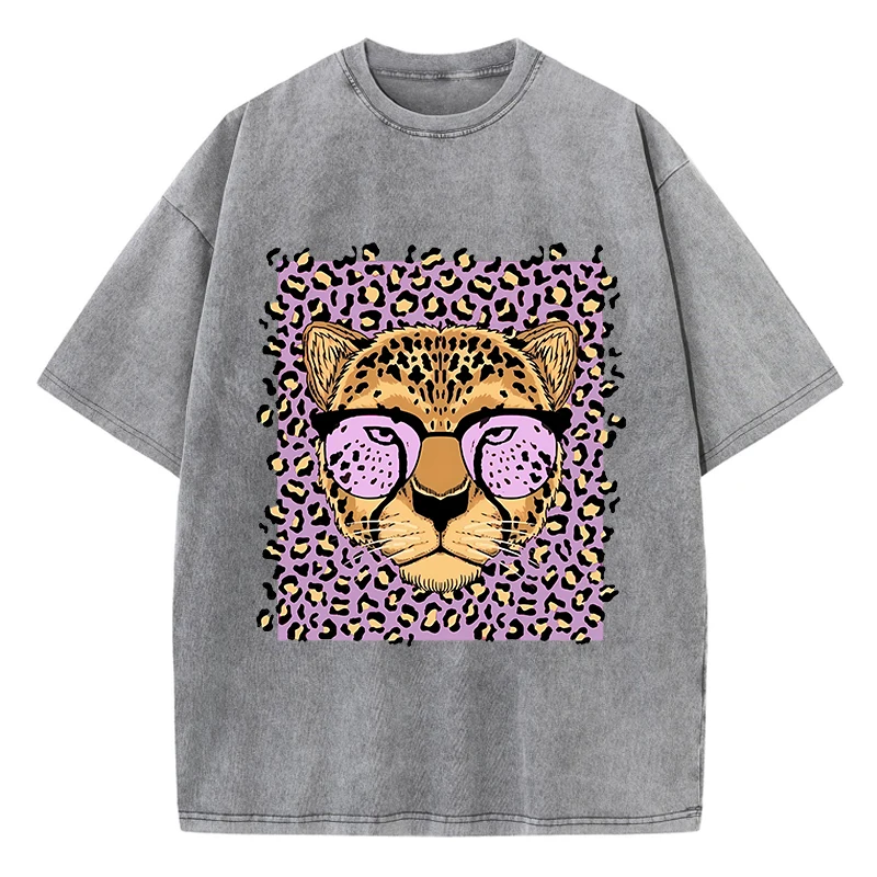 

Retro washed men's and women's T-shirt leopard print T-shirt cool and handsome short sleeved fashionable loose top