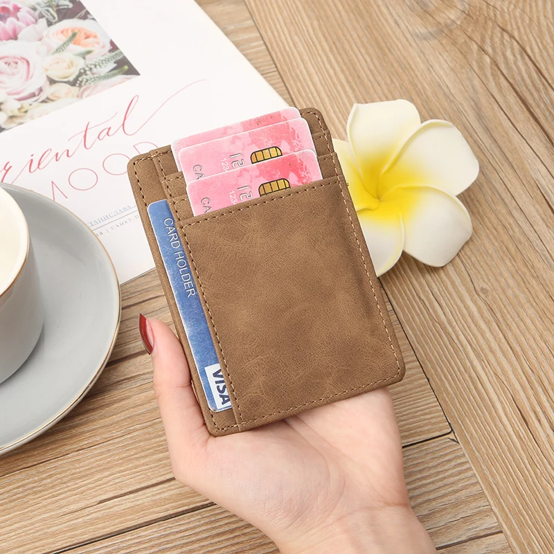Men Women Slim PU Leather Card Holder 1‑Fold ID Card Wallet Multi‑Slots Transparent ID Window Mini Pocket Card Case