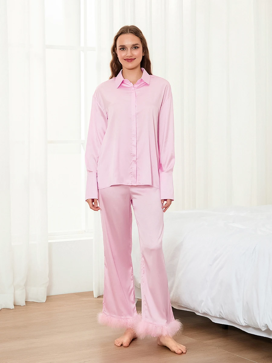 Cathery  	Women 2 Piece Pajamas Set Button Long Sleeves Shirt and Feather Cuff Elastic Pants for Loungewear Soft Sleepwear