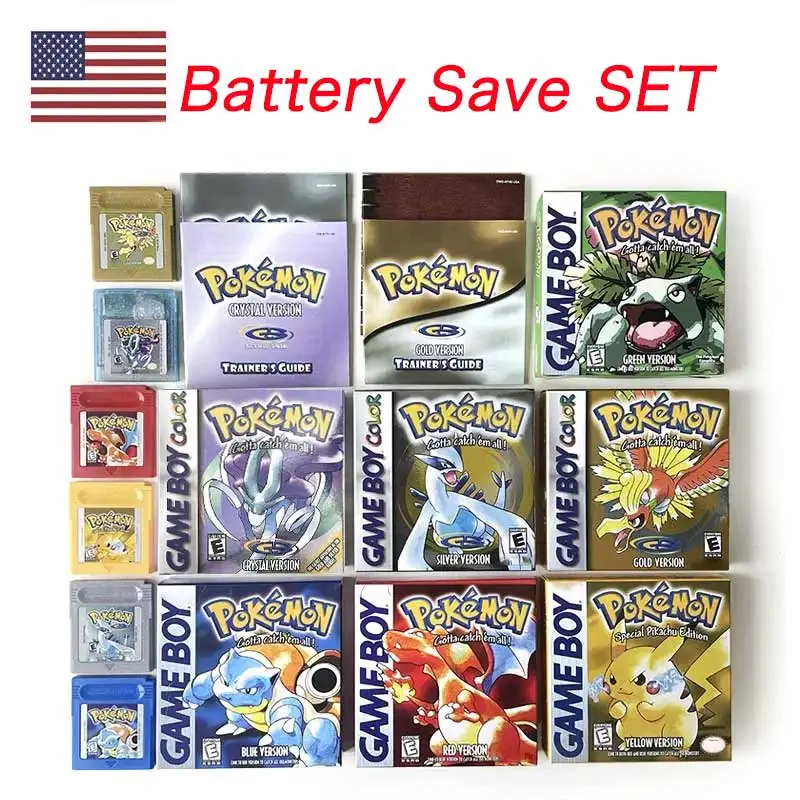 USA Pokemon Battery Save cart Crtstal, Red, Blue green,Yellow, Gold, Silver,  box trey manual Game Cartridge for GBC