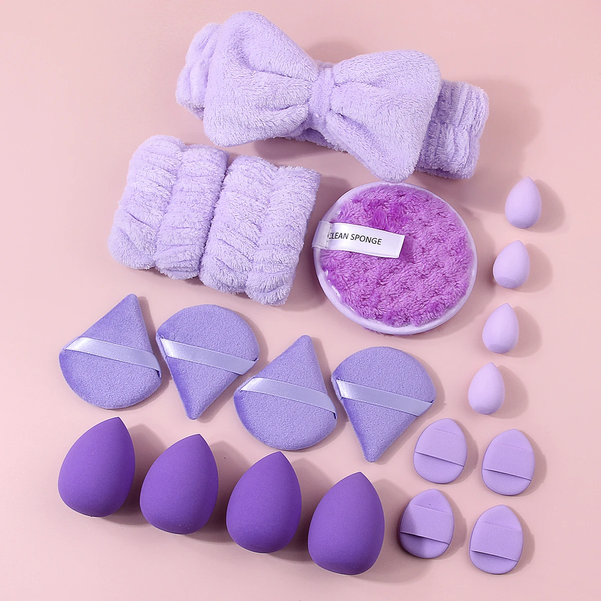 20PCS Purple Makeup&Skincare Tool Set,Mixed Makeup Sponges,Facial Cleansing Sponge,Headband&Wristbands,Flawless Base Makeup