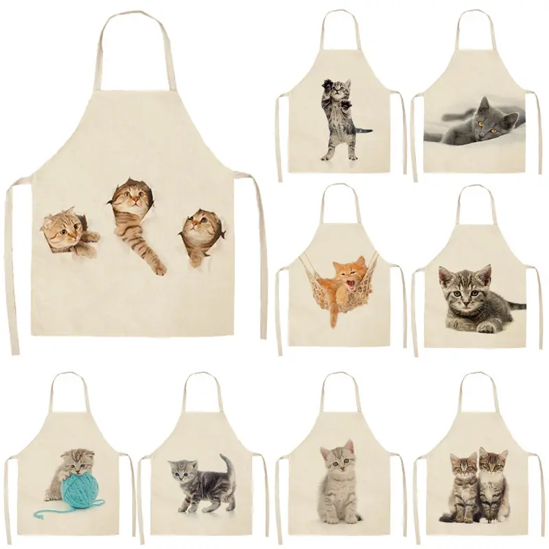 1Pcs Lovely Cat Pattern Kitchen Apron for Women Cotton Linen Bibs Household Cleaning Pinafore Home Cooking Aprons 53*65cm