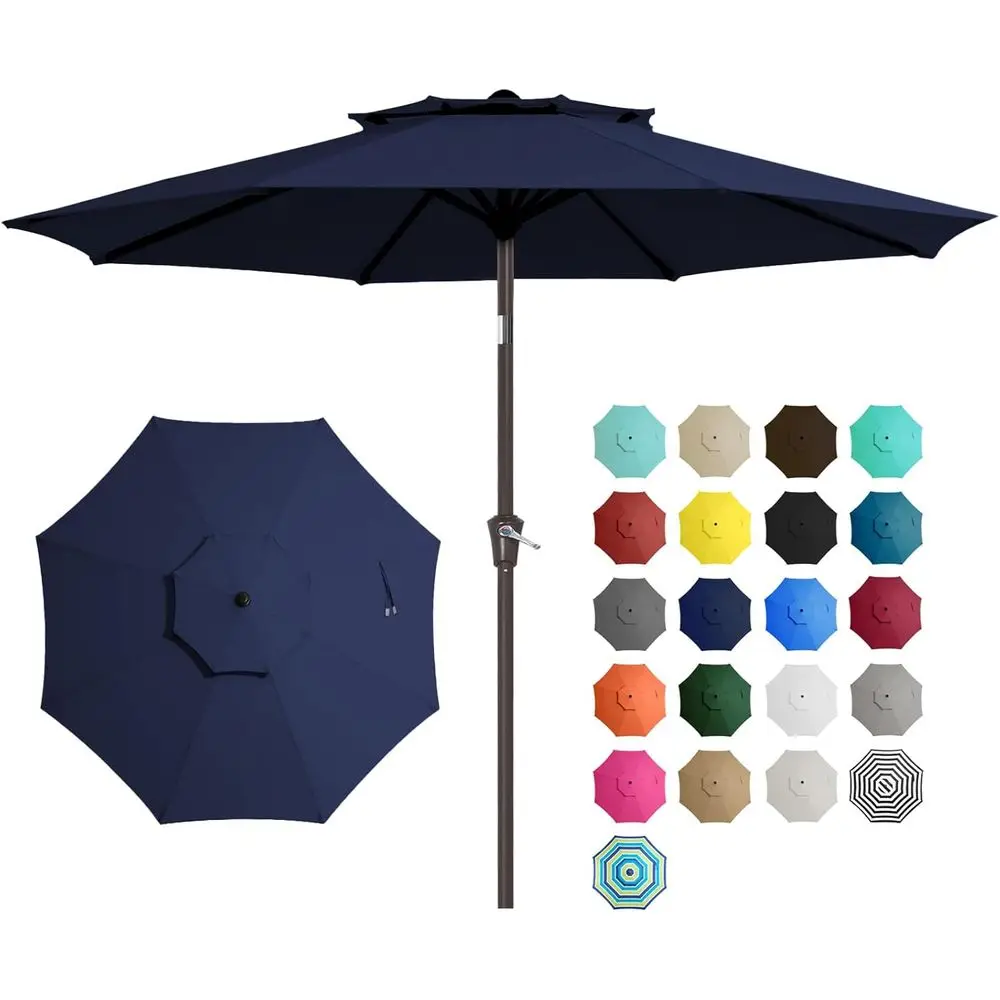 

9 ft 2-Tier Patio Umbrella with Push Button/Crank, 8 Ribs, UV and Water-Resistant (Navy Blue)