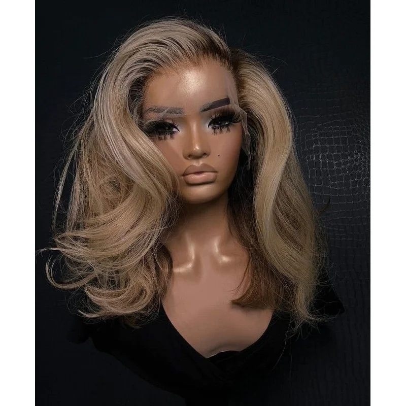 Ombre Beige Blond Brown Highlight Wavy Lace Front Wig 13x4