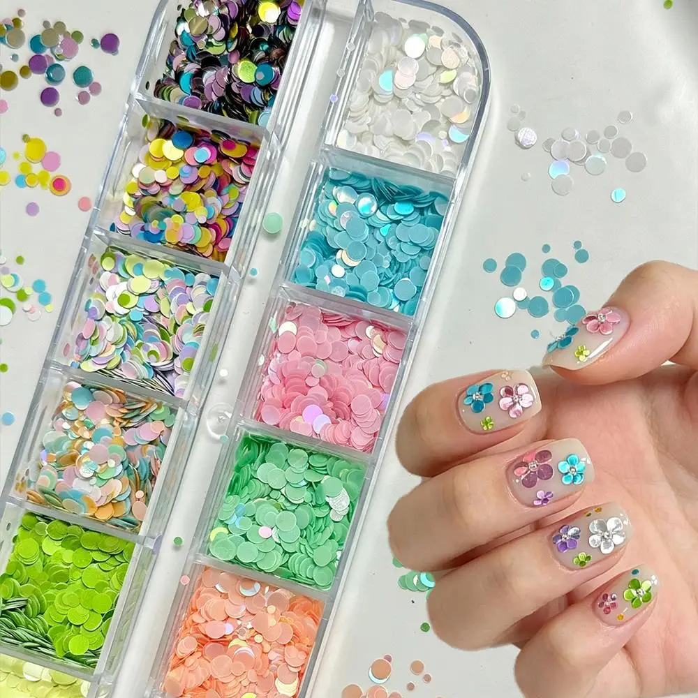 12Grids Macaron Color Dot Flower Nail Glitter Sequins Laser Mixed Size Round Nails Flakes Shiny Polka Dots Manicure Accessories