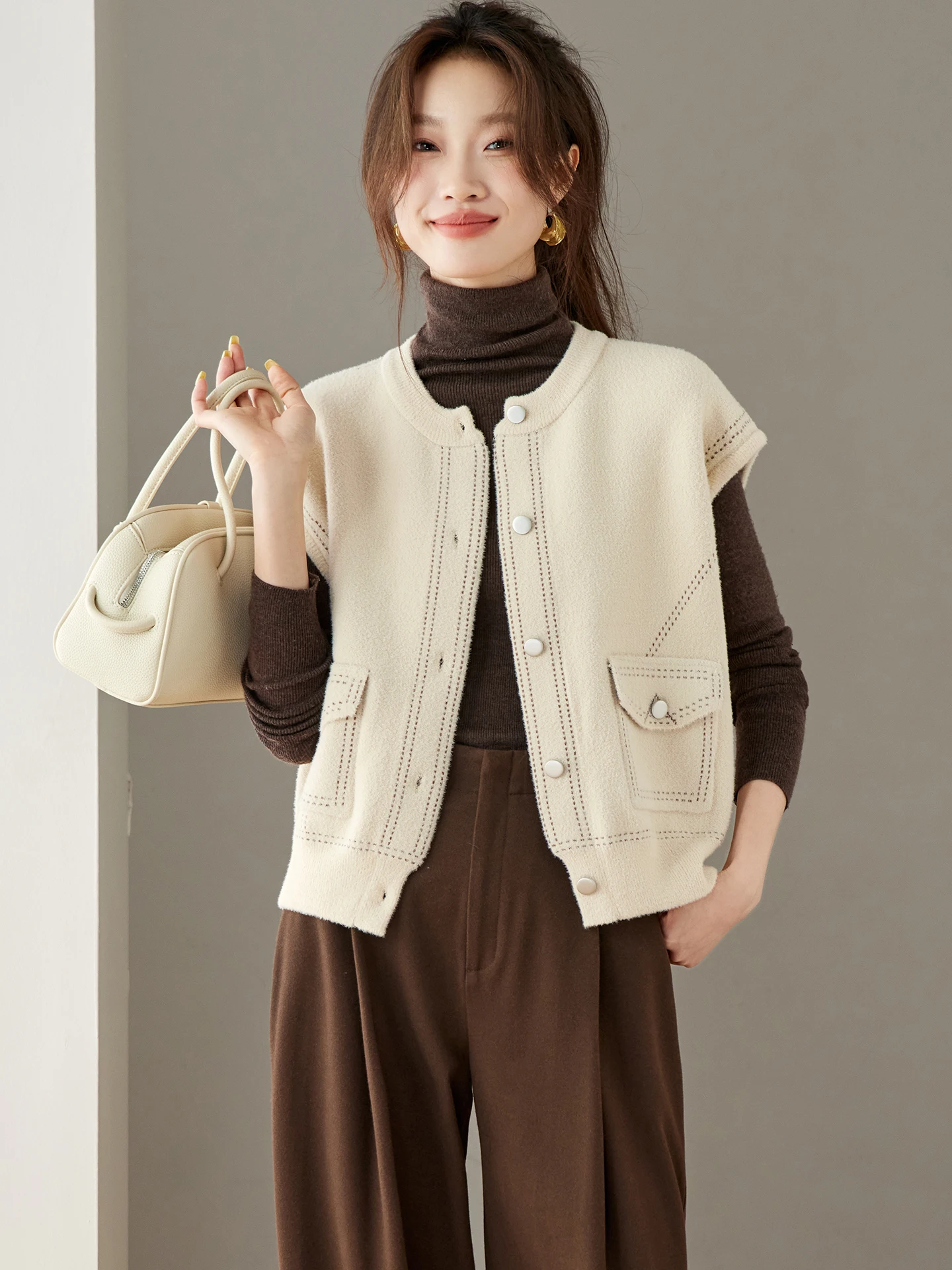 

Весенний женский вязаный жилет-свитер 2026 года, свободный, длинный, модный, простой, из полиэфирного волокна