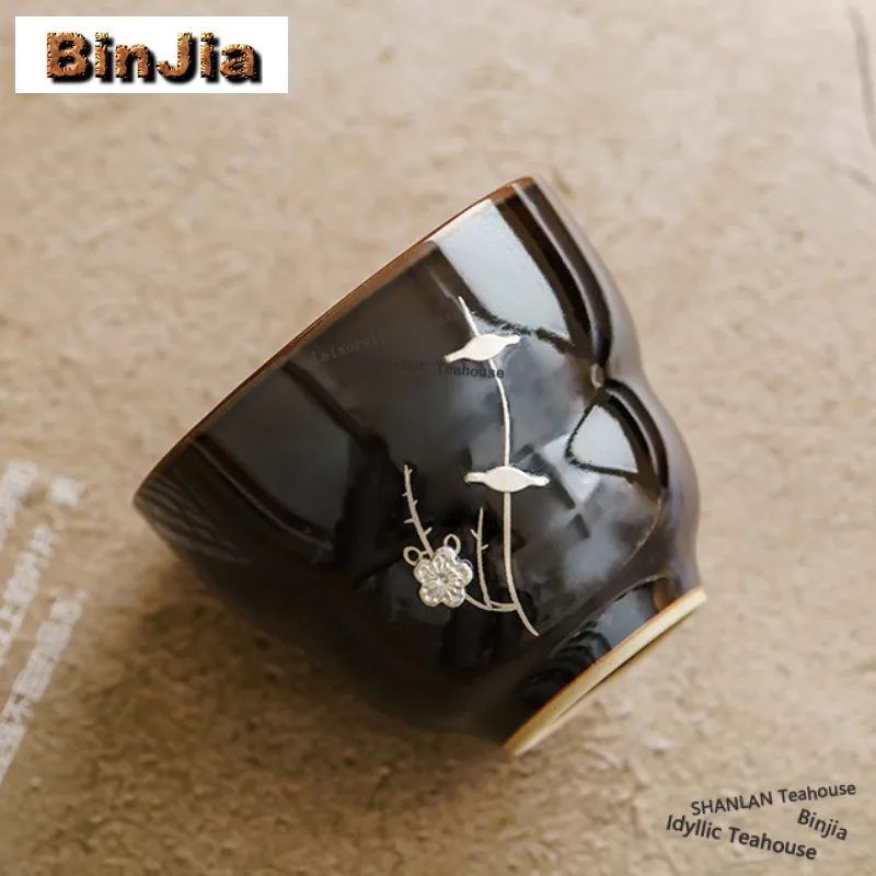 

Чайная чашка 38 мл с черно-золотой глазурью и узором «Сливовая ветка», милая чашка для дегустации чая, персональная чашка, мастер-чашка Jianzhan, для домашнего чаепития