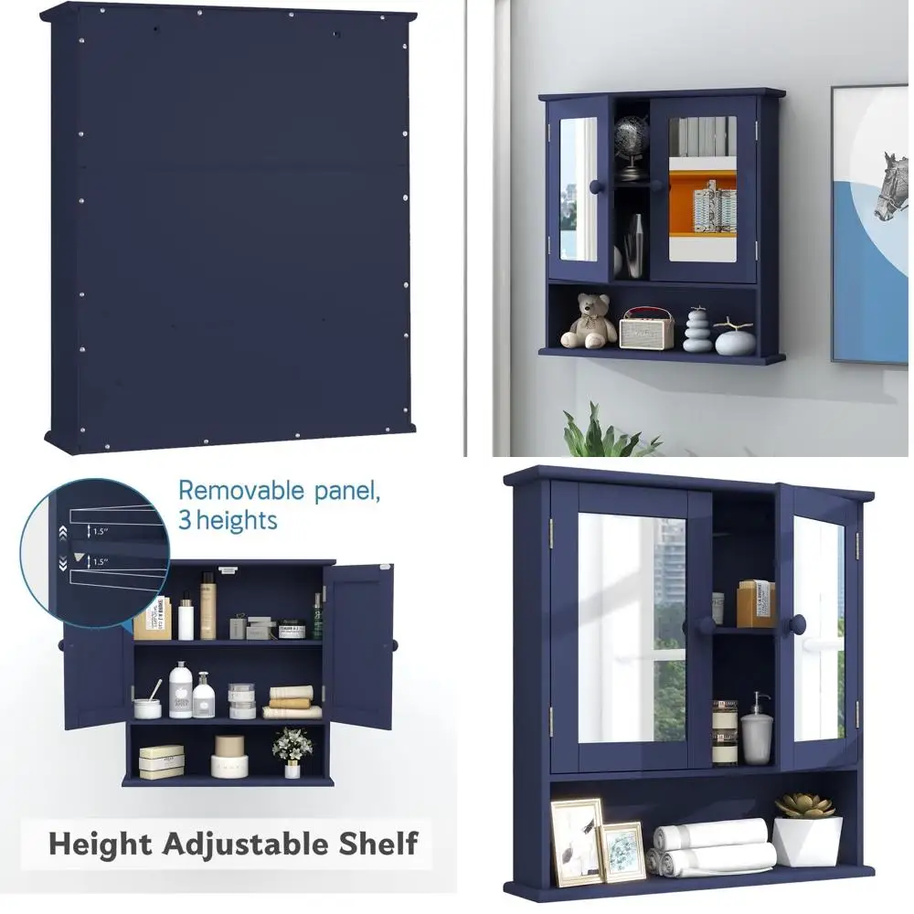 

Wall-Mounted Wooden Storage Cabinet with Mirror and Shelves for Bathroom, Laundry, or Kitchen