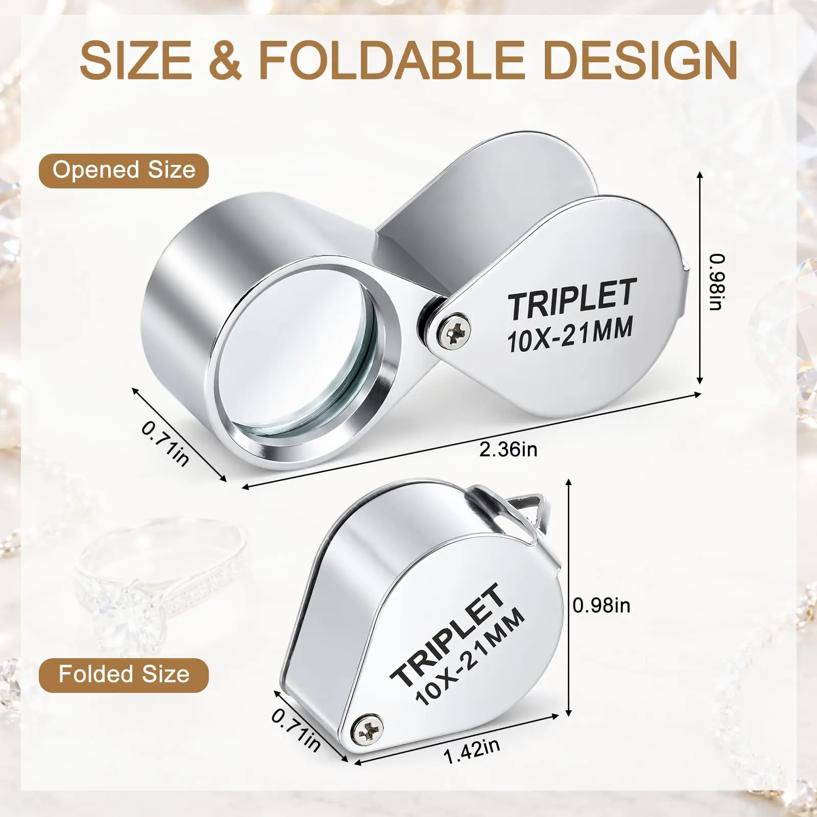 Jewelers Loupe Magnifier 10X 20X 30X Pocket Foldable Jewelry Eye Magnifying Glass Triplet Diamond Lupa for Jewelers Gems Stamps