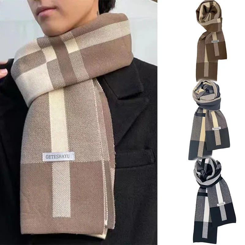 Checkered Scarf Winter Men Keep Warm Scarf Casual Fashion Brand Designers Knit Neckerchief Patchwork Wool Cashmere Scarf Shawl