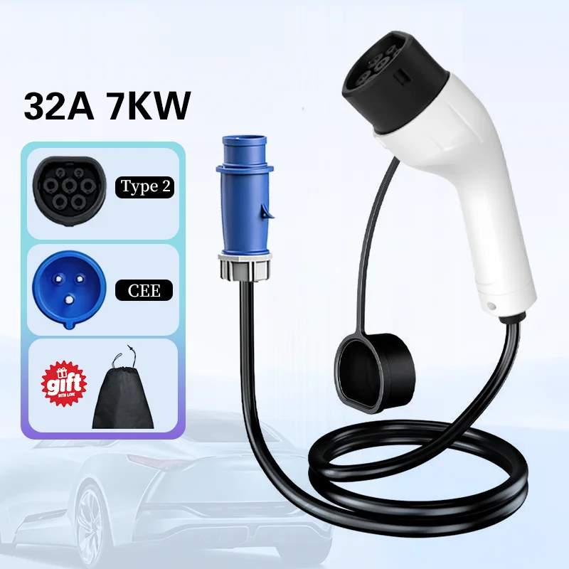 Portable 7KW 32A EV Charger with 3M-20M Cable Type2 IEC62196 EU Plug Wallbox Adapter Plug And Charge for Electric Vehicles