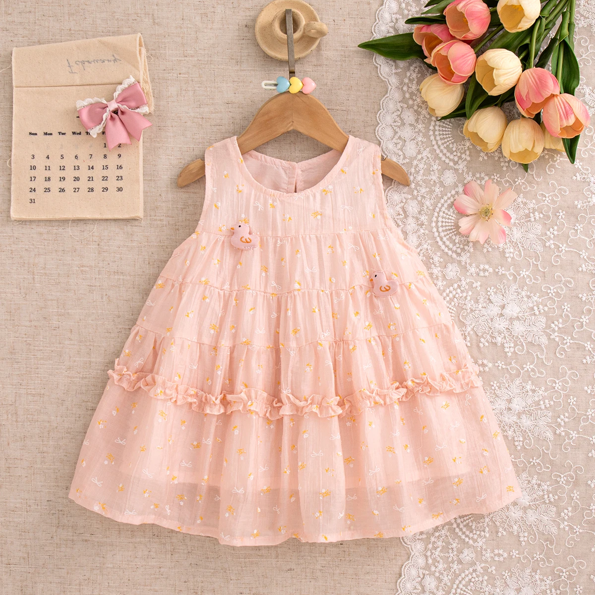Summer Baby Girl Clothes Send Hairpin Trend Sweet Floral Thin Toddler Dress Korean Style Breathable Cartoon Cute Baby Girl Dress 2