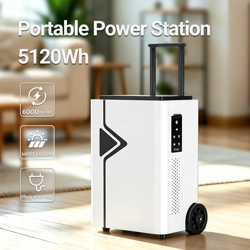 5KW Portable Solar Generator 5120Wh LiFePO4 Battery 6000W MPPT 6000 Cycles Off Grid Emergency Backup Power Station APP Monitor
