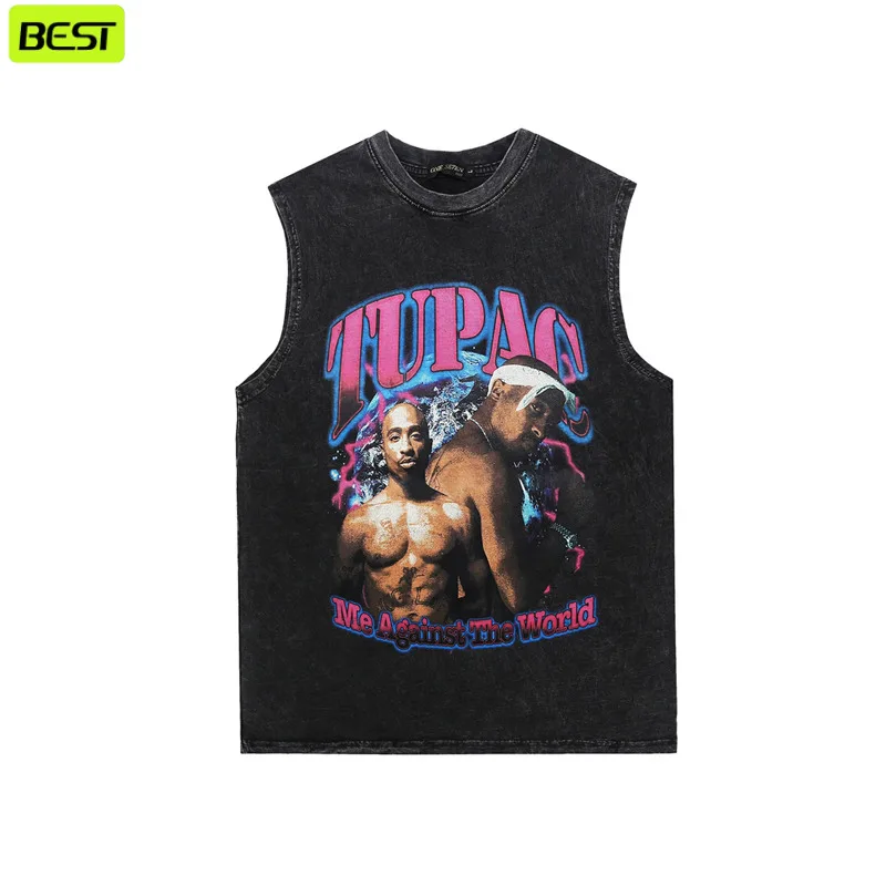 100% Cotton High Street Vintage Washed Old Tupac Character Print Tank Top Men's Summer Hip Hop Rap Sleeveless T-Shirt