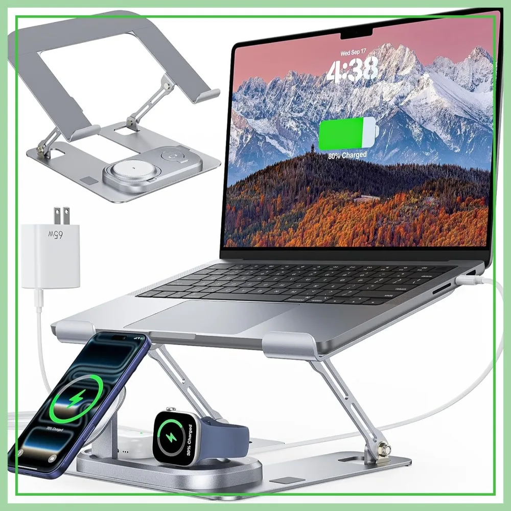 

Laptop Stand with Wireless Charging Station, Foldable Aluminum MacBook Stand, 30W USB-C Charging, 65W Adapter Included