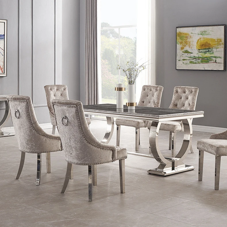 Modern luxury marble sliver metal dining tables and chairs set 8 seater people dining table set for home living room furniture