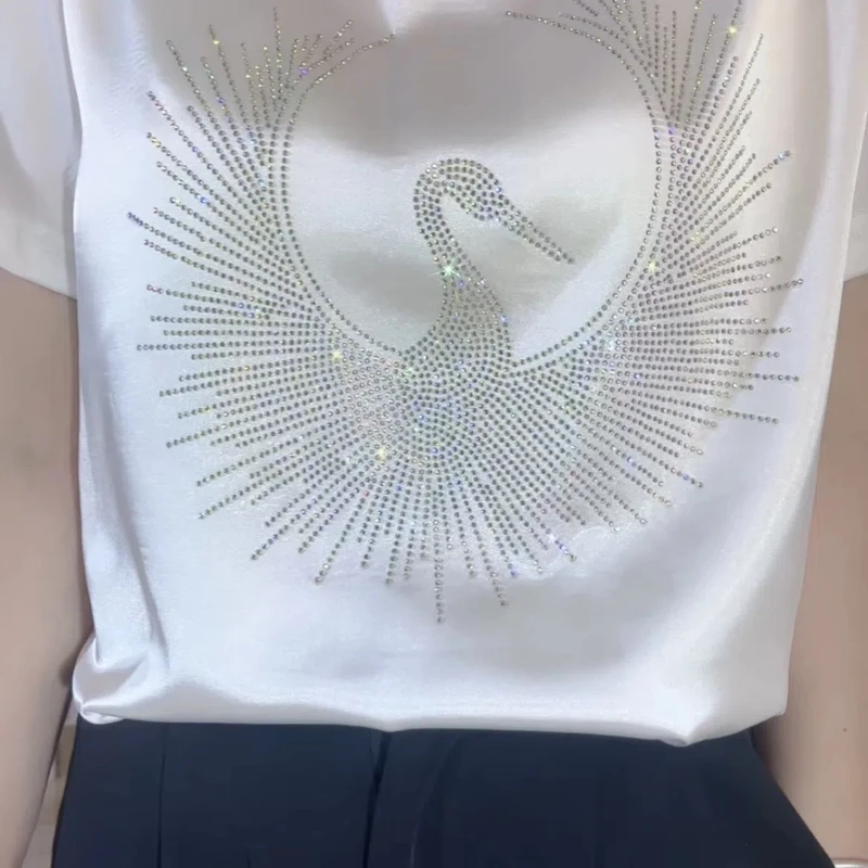 2024 Zomer Nieuwe Modieuze Minimalistische Woon-Werkverkeer Dames Ronde Hals Diamanten Bedrukt Losse Effen Kleur T-Shirts Met Korte Mouwen Tops