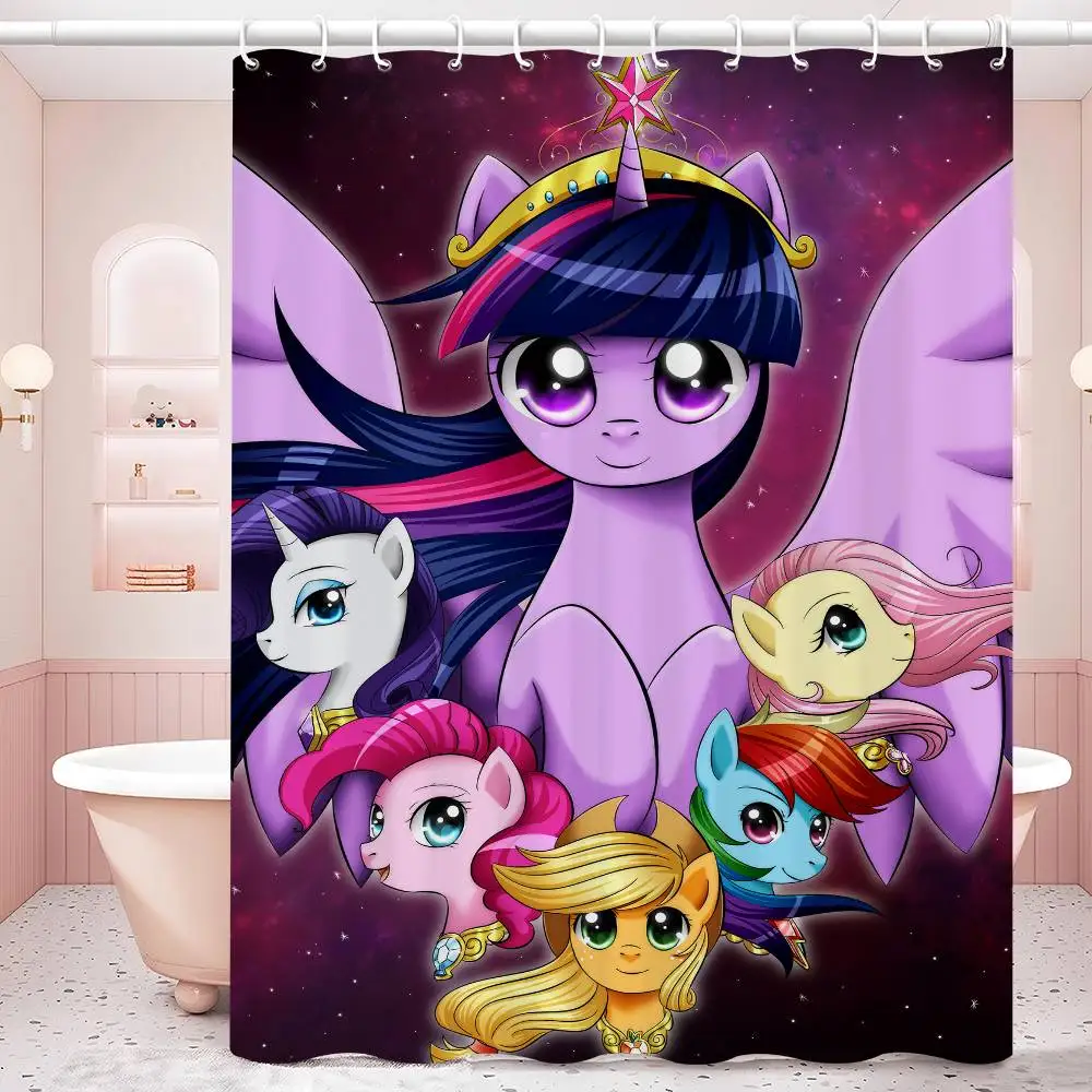 

Cute Horse Cartoon P-Ponys Shower Curtain Outdoor Scenery Summer Vacation Bathroom Decor Holiday Polyester Bath Curtain