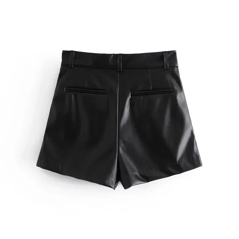 2024 Women Fashion Faux Leather Shorts High Waist Side Pockets Vintage Zipper Fly Female Wide Leg Shorts Streetwear Ropa