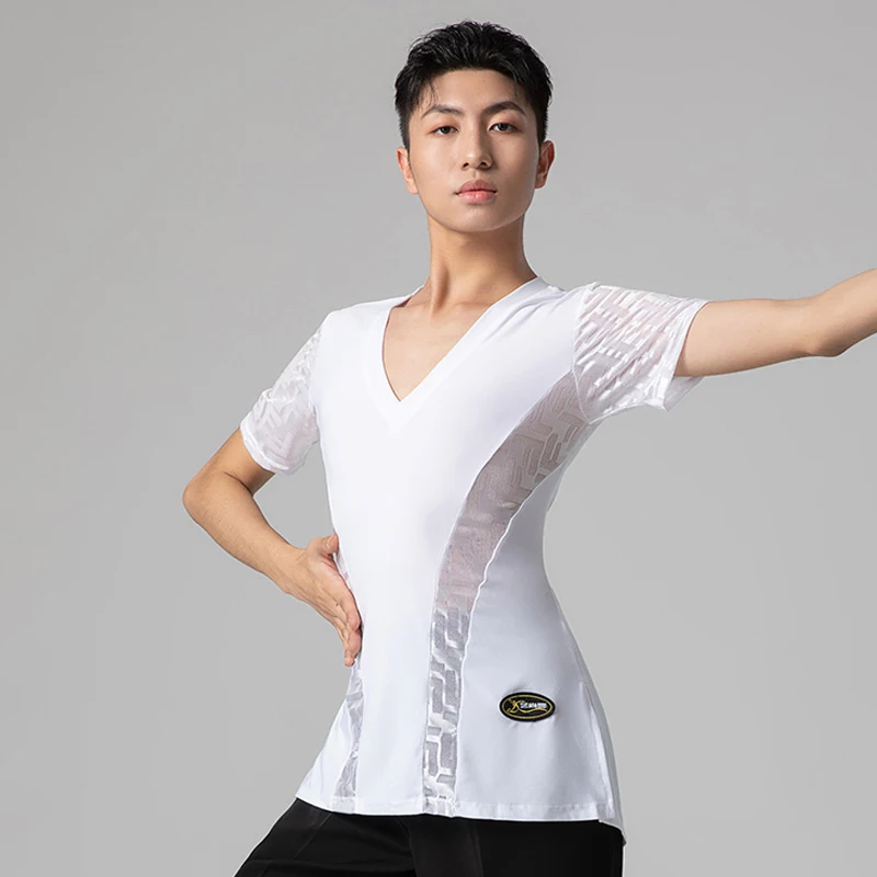 

Men Summer Latin Dance Clothes Short Sleeves Tops Mesh Ballroom Dance Competition Shirt ChaCha Modern Dance Practice Wear BL8469