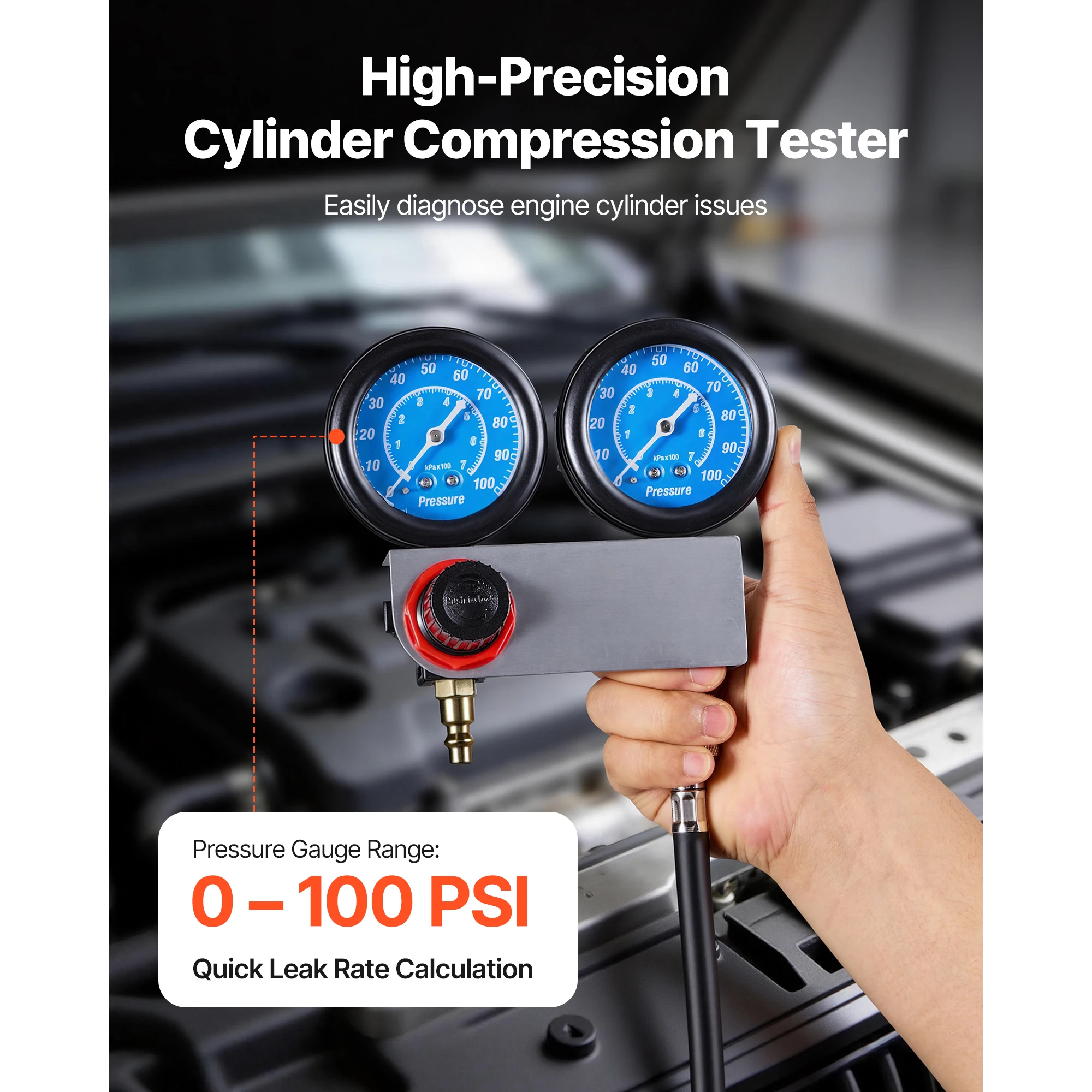 SucceBuy Engine Cylinder Compression Tester Kit Pressure Gauge Range of 0-100 PSI with 4 Adapters & Air Fittings Pressure Check